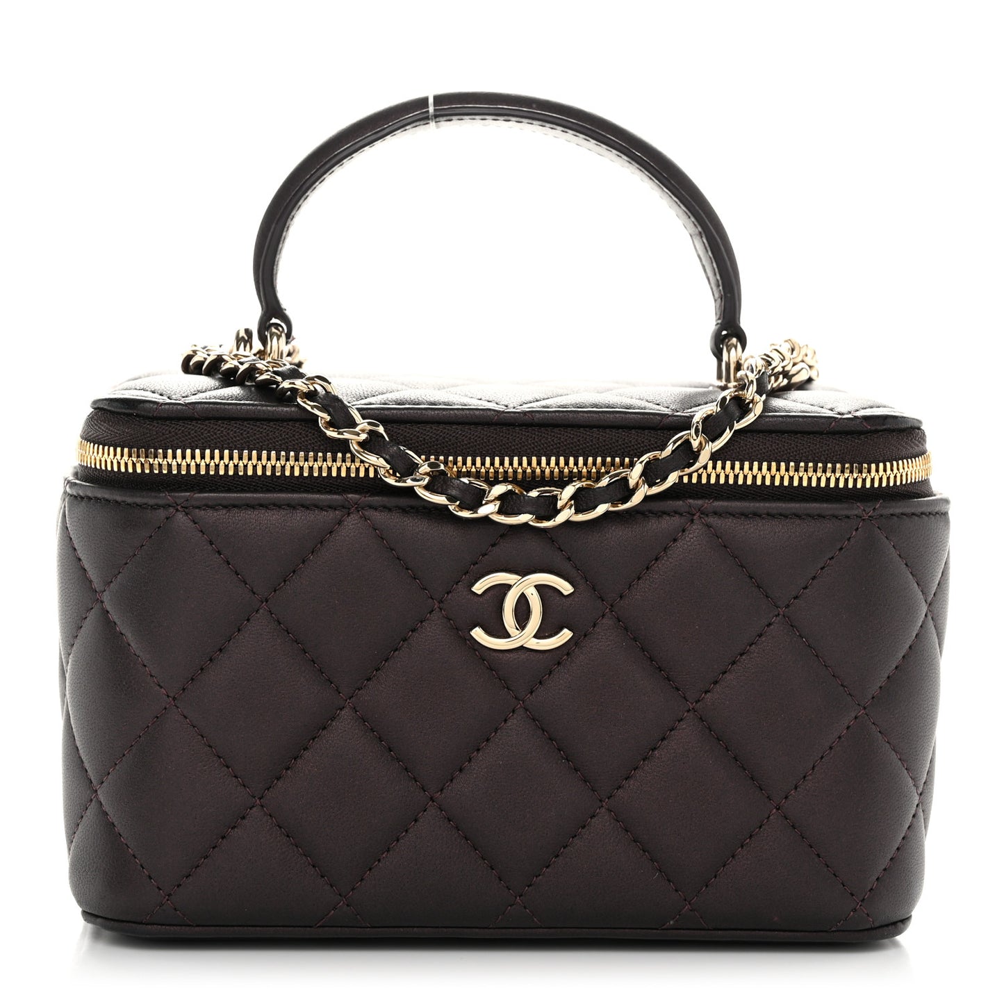 Iridescent Lambskin Quilted Small Top Handle Vanity Case With Chain Burgundy
