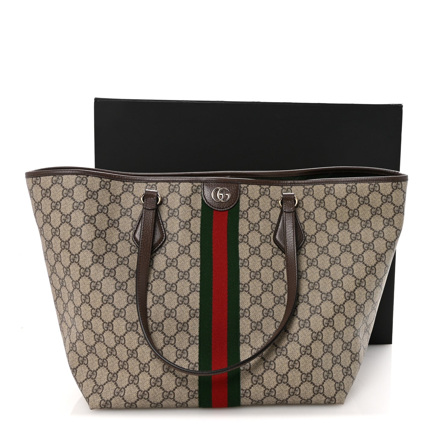 GG Supreme Monogram Calfskin Web Large Ophidia Tote Beige Dark Brown