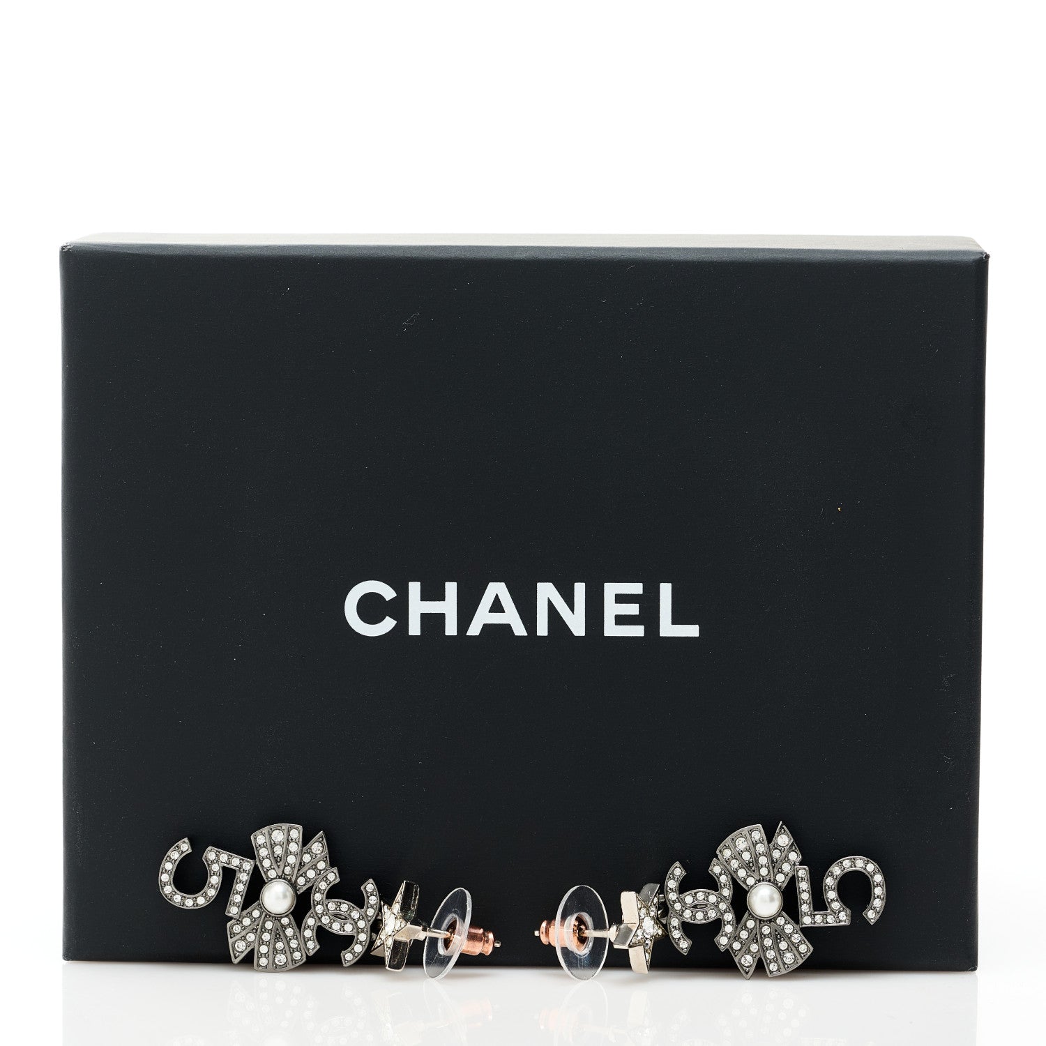 Chanel Crystal CC 5 Bow Pearl Drop Earrings Silver Pearly White 5 of 5
