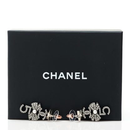 Chanel Crystal CC 5 Bow Pearl Drop Earrings Silver Pearly White 5 of 5