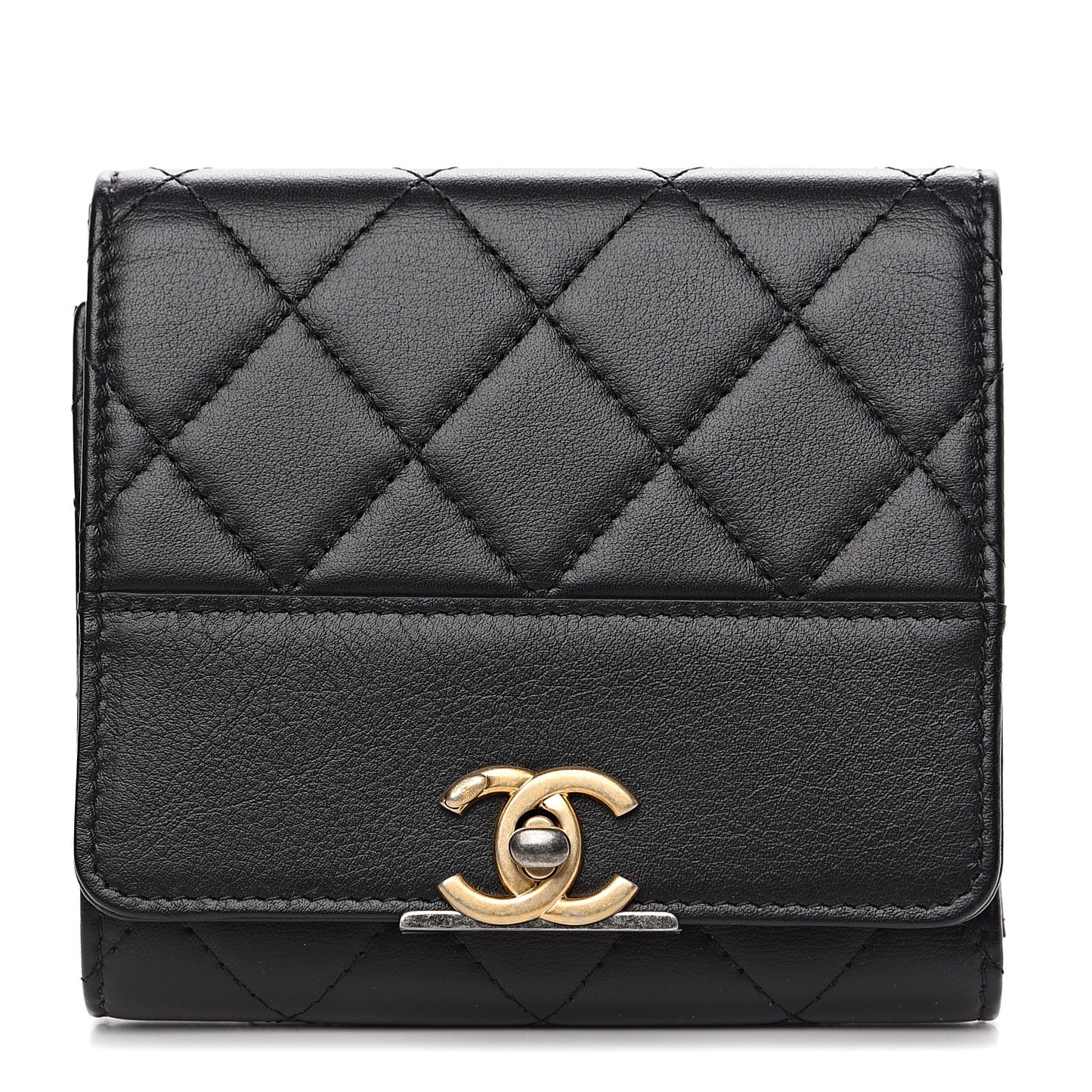 Calfskin Quilted Compact Flap Wallet Black