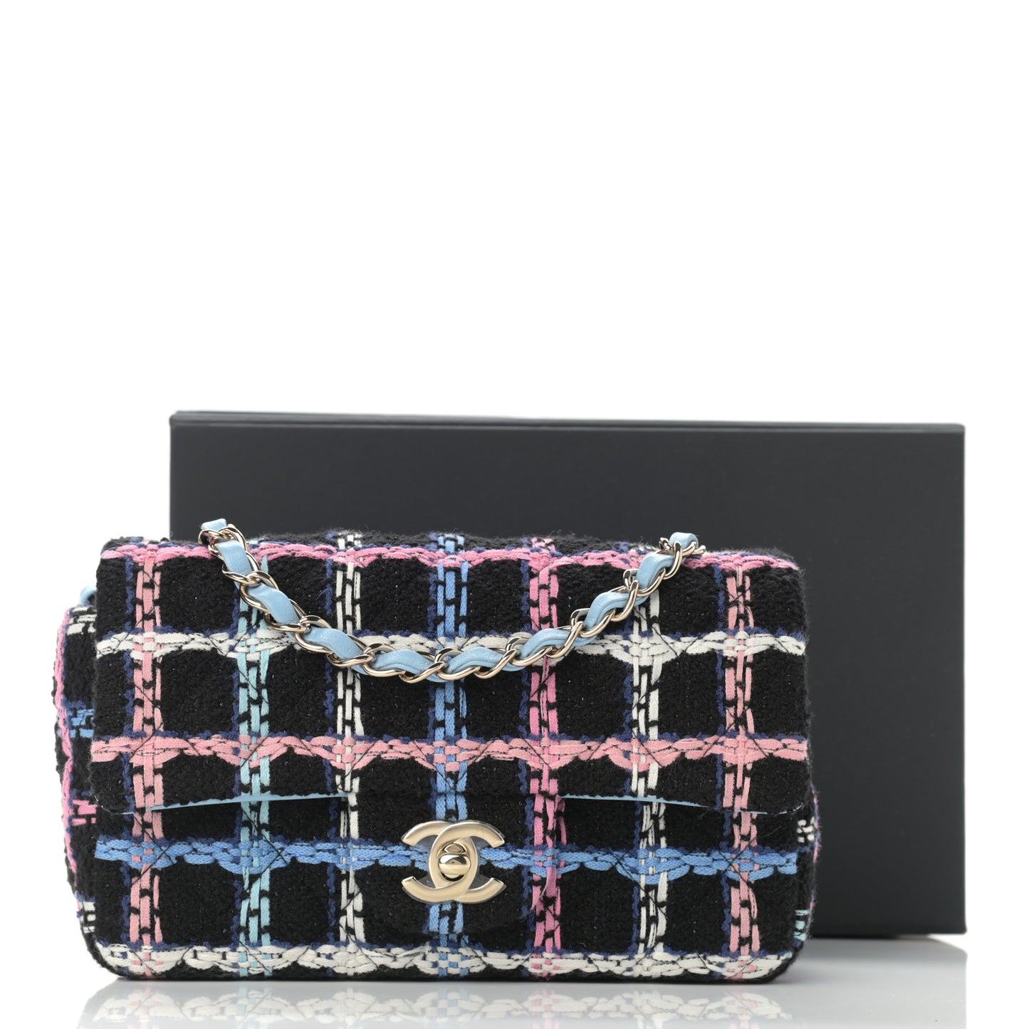 Tweed Quilted Mini Rectangular Flap Black Pink Blue Ecru