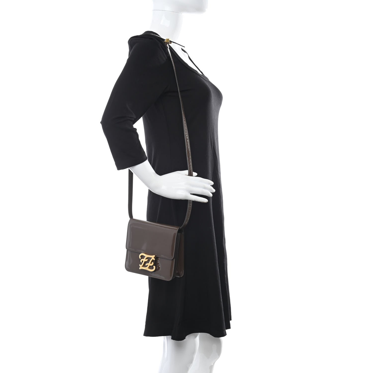 Fendi Vitello Vernice Mou Karligraphy Crossbody Bag Ebano 2 of 13