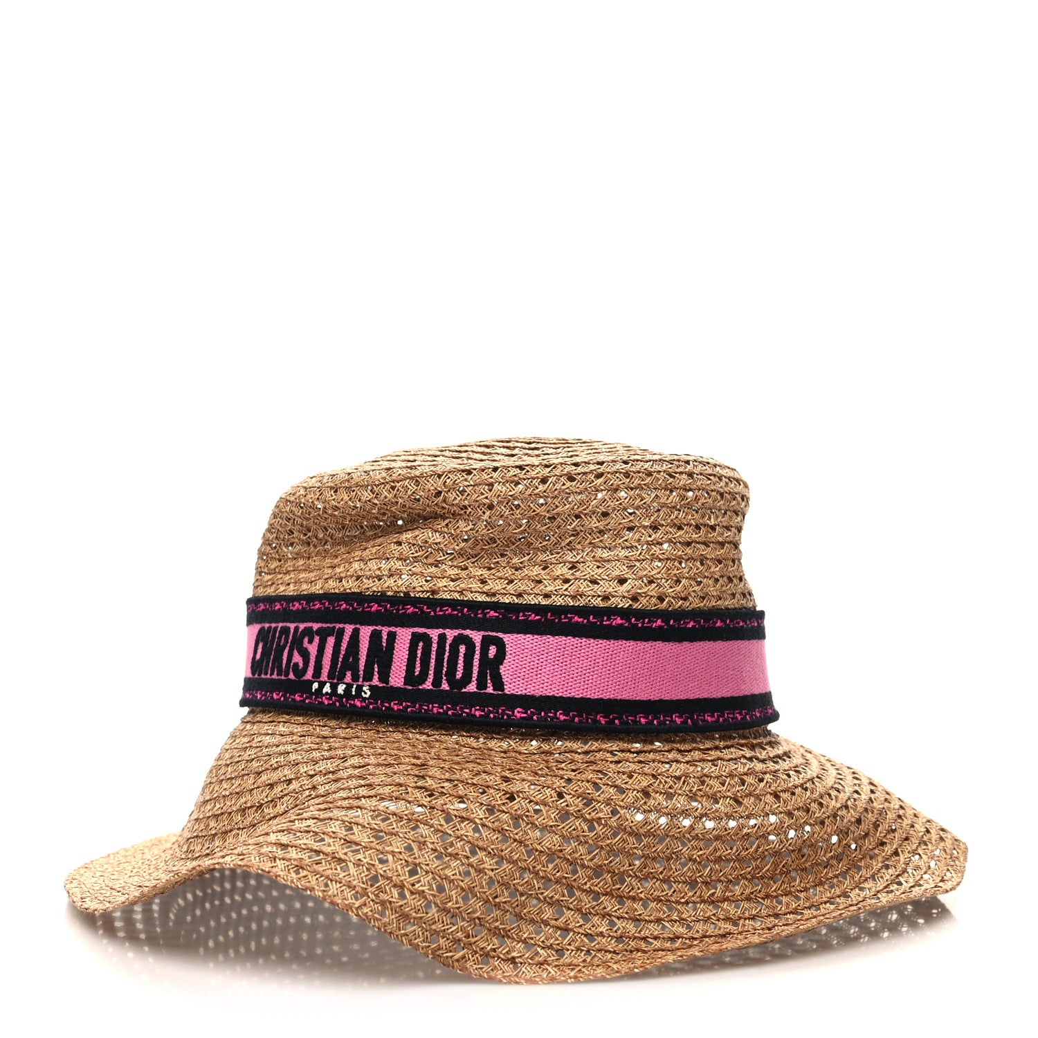 Christian Dior Straw Embroidered D-Bobby Large Brim Hat 56 Natural Fuchsia Black 1 of 7