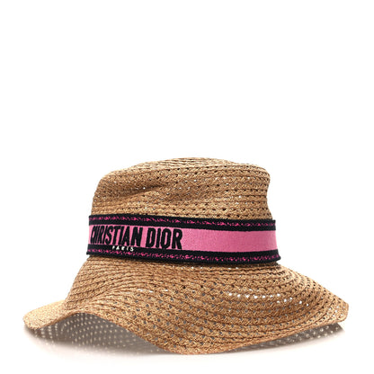 Christian Dior Straw Embroidered D-Bobby Large Brim Hat 56 Natural Fuchsia Black 1 of 7