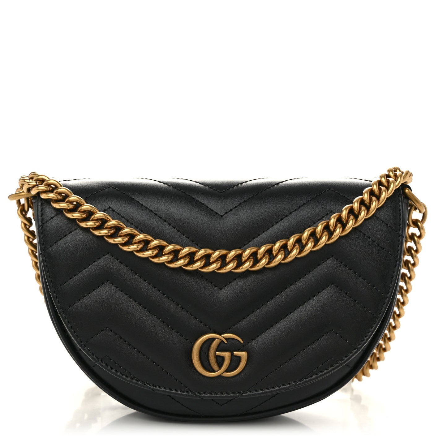 Calfskin Matelasse Mini GG Marmont Chain Half Moon Crossbody Bag Black