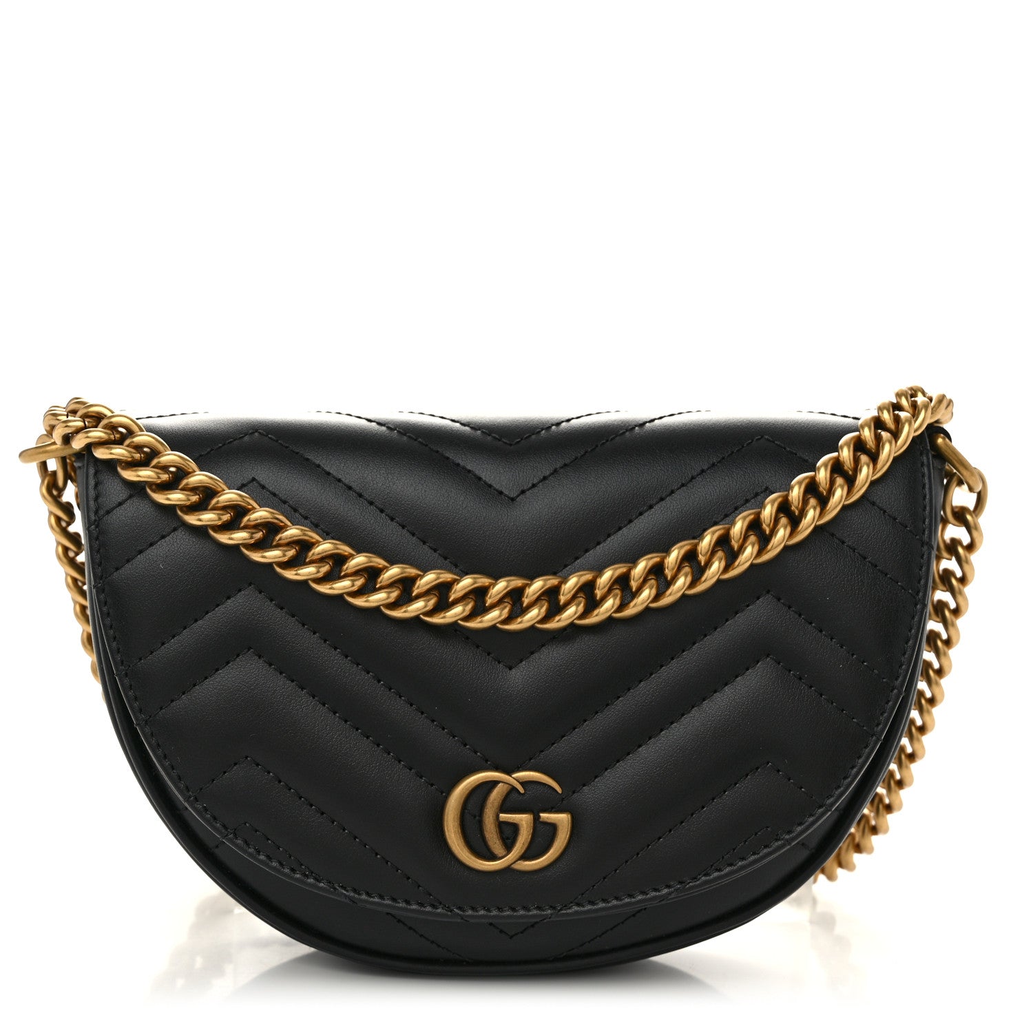 Gucci Calfskin Matelasse Mini GG Marmont Chain Half Moon Crossbody Bag Black 1 of 11