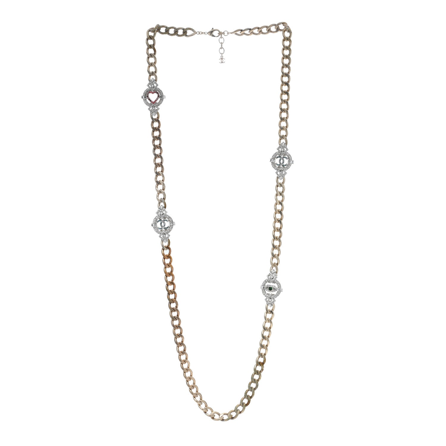 Chanel Crystal Eye Heart CC Chain Necklace Gold Gold Green Pink Blue 2 of 5