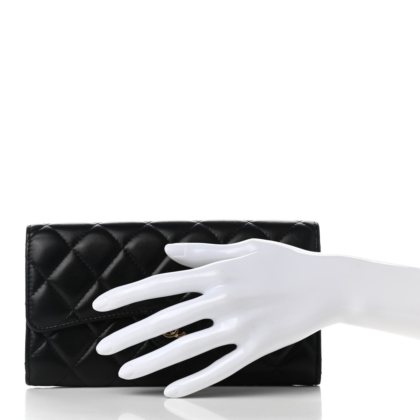 Lambskin Quilted Large Gusset Flap Wallet Black