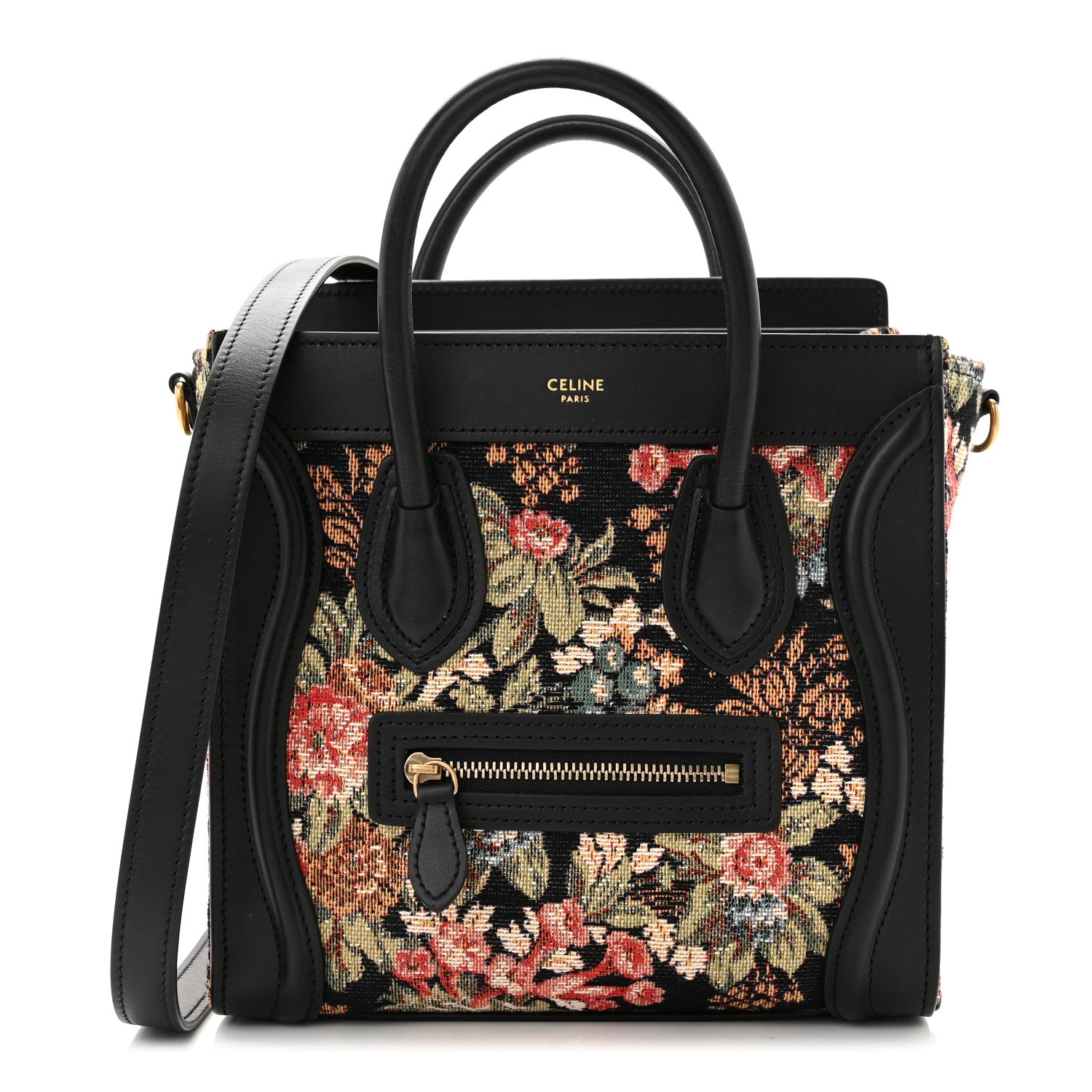 Celine Calfskin Lambskin Canvas Jacquard Floral Nano Luggage Black 1 of 11