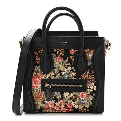 Celine Calfskin Lambskin Canvas Jacquard Floral Nano Luggage Black 1 of 11