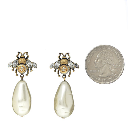 Gucci Crystal Pearl Drop Bee Earrings Gold 2 of 4