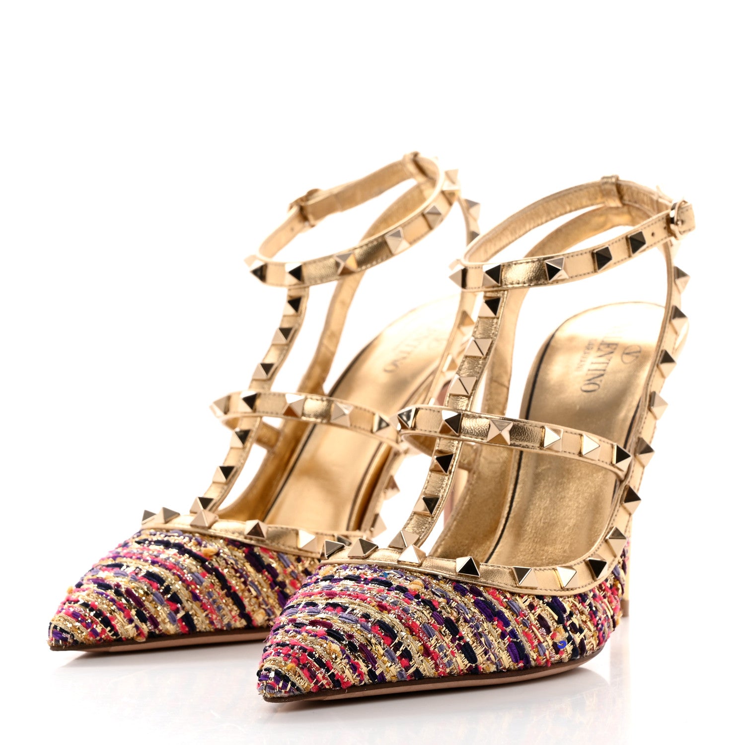 Valentino Garavani Metallic Nappa Tweed Rockstud Ankle Strap 100mm Pumps 40 Gold Multicolor 3 of 10