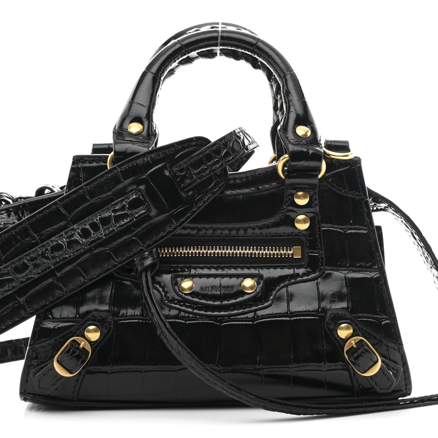 Shiny Supple Calfskin Crocodile Embossed Neo Classic Gold Hardware Nano City Crossbody Black