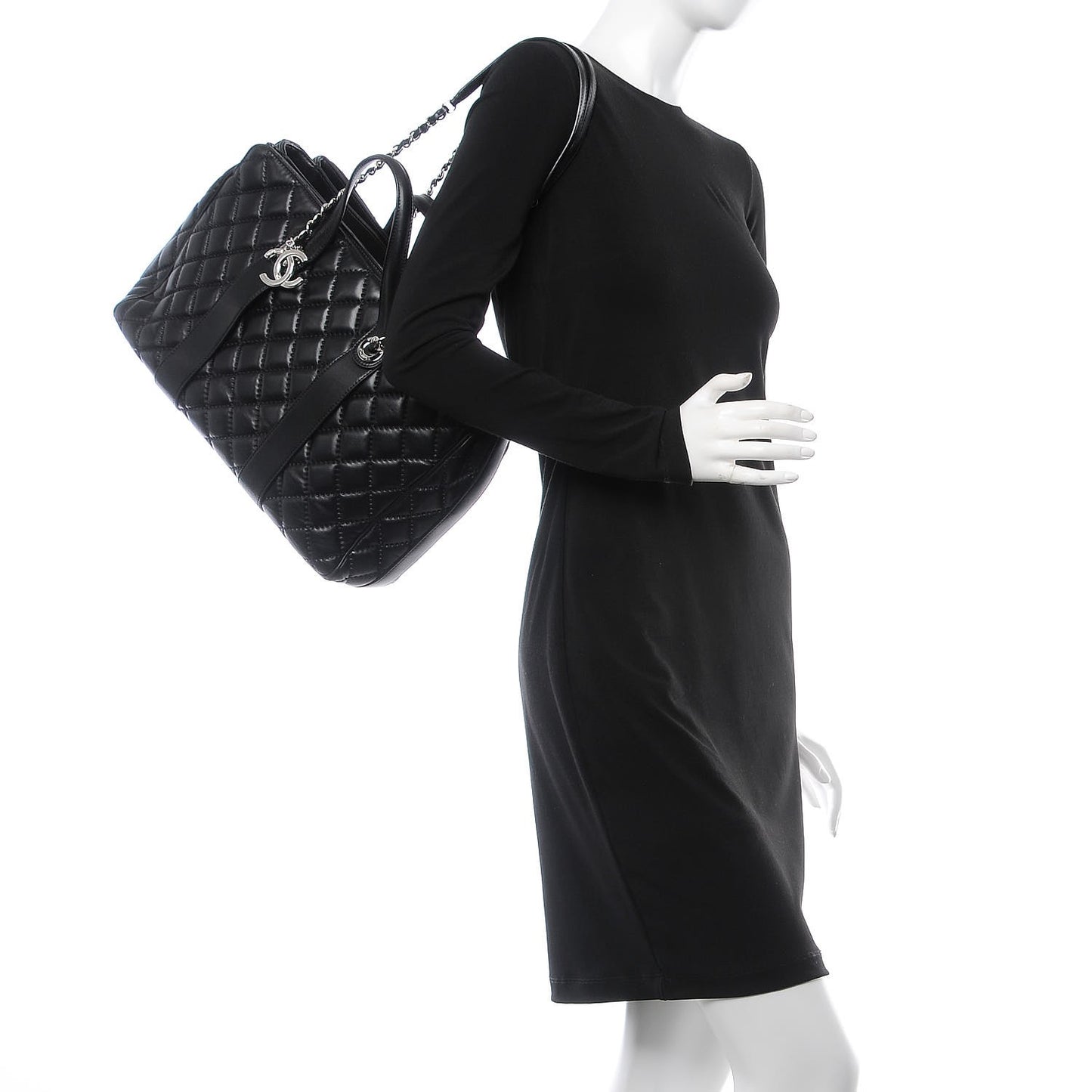 Lambskin Quilted Large Easy Carry Shopping Tote Black