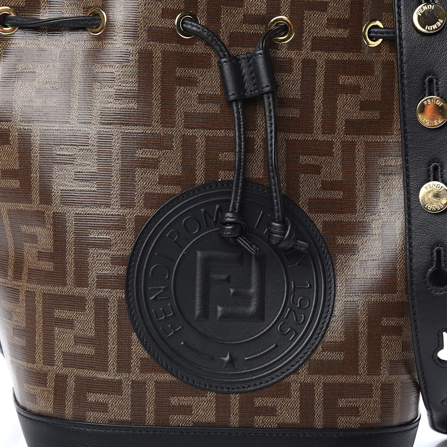 Glazed Fabric Vitello Grace F is Fendi FF 1974 Stamp Patch Grande Mon Tresor Bucket Bag Mogano Panna Black