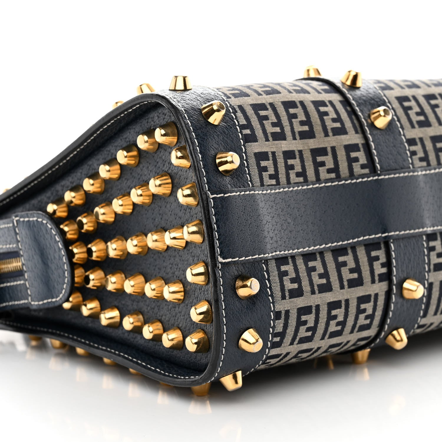 Fendi Zucchino Calfskin Studded Top Handle Satchel Tobacco Blue 8 of 15
