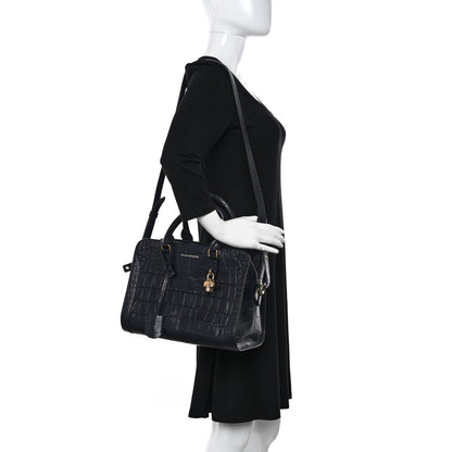 Alexander McQueen Calfskin Crocodile Embossed Small Skull Padlock Zip Around Tote Navy Blue 3 of 11