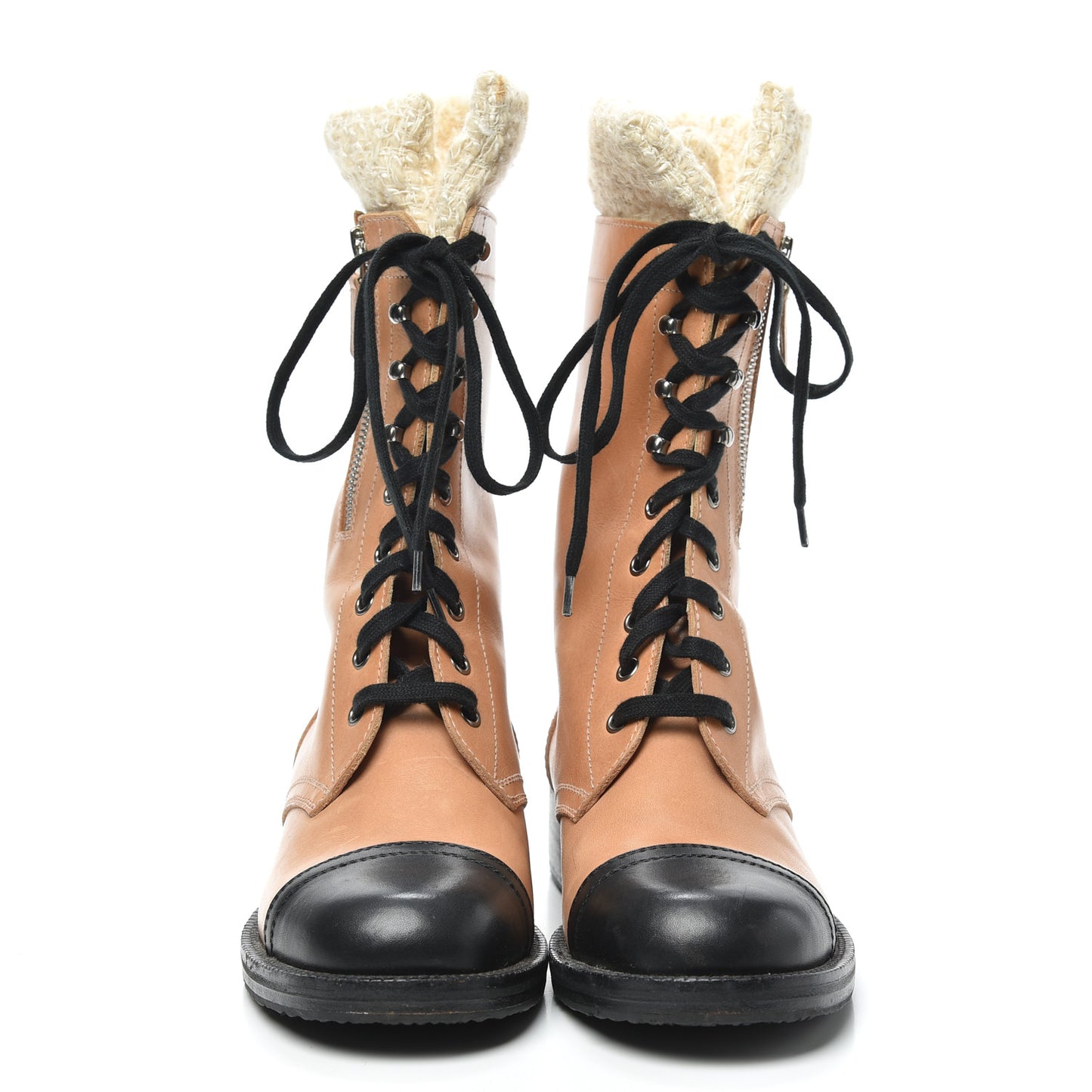 Calfskin Tweed Lace Up Combat Boots 38.5 Beige Black