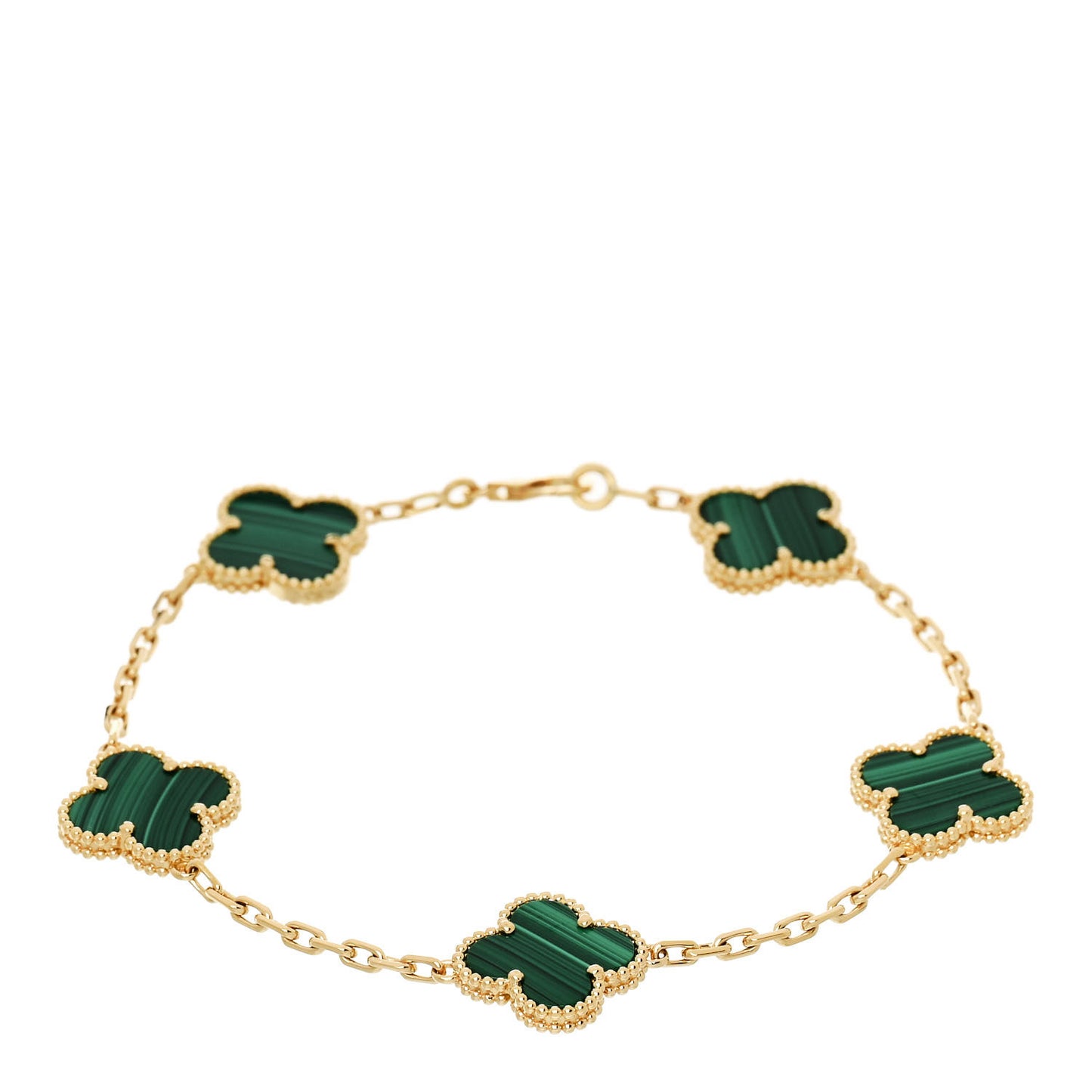 18K Yellow Gold Malachite 5 Motifs Vintage Alhambra Bracelet
