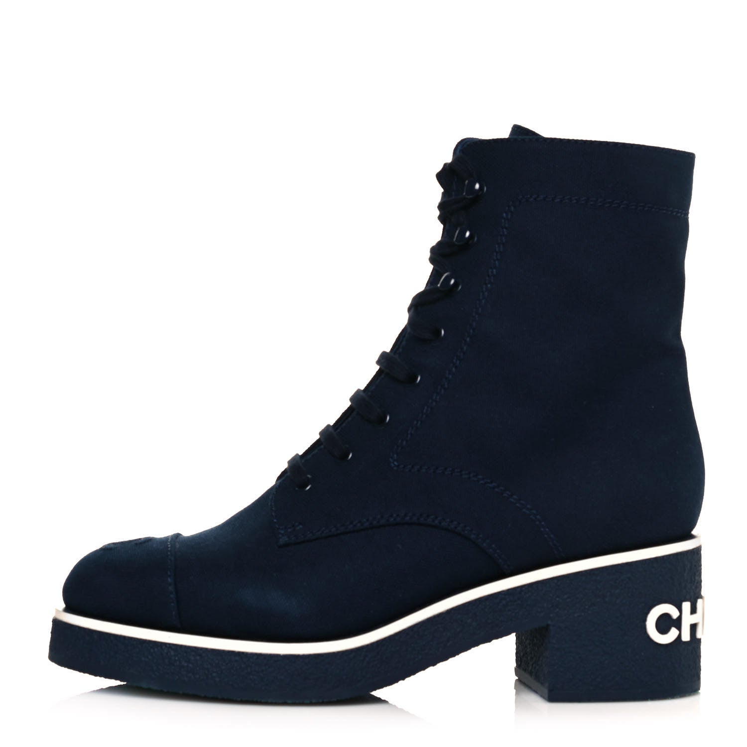 Chanel Fabric Lace Up Combat Boots 40 Navy Blue 1 of 8