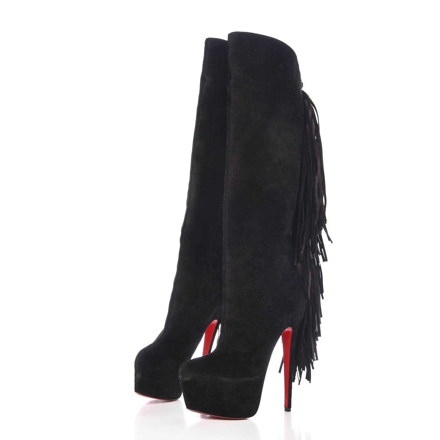 Christian Louboutin Suede Fringe Interlopa 160 Over The Knee Boots 37.5 Black 3 of 12