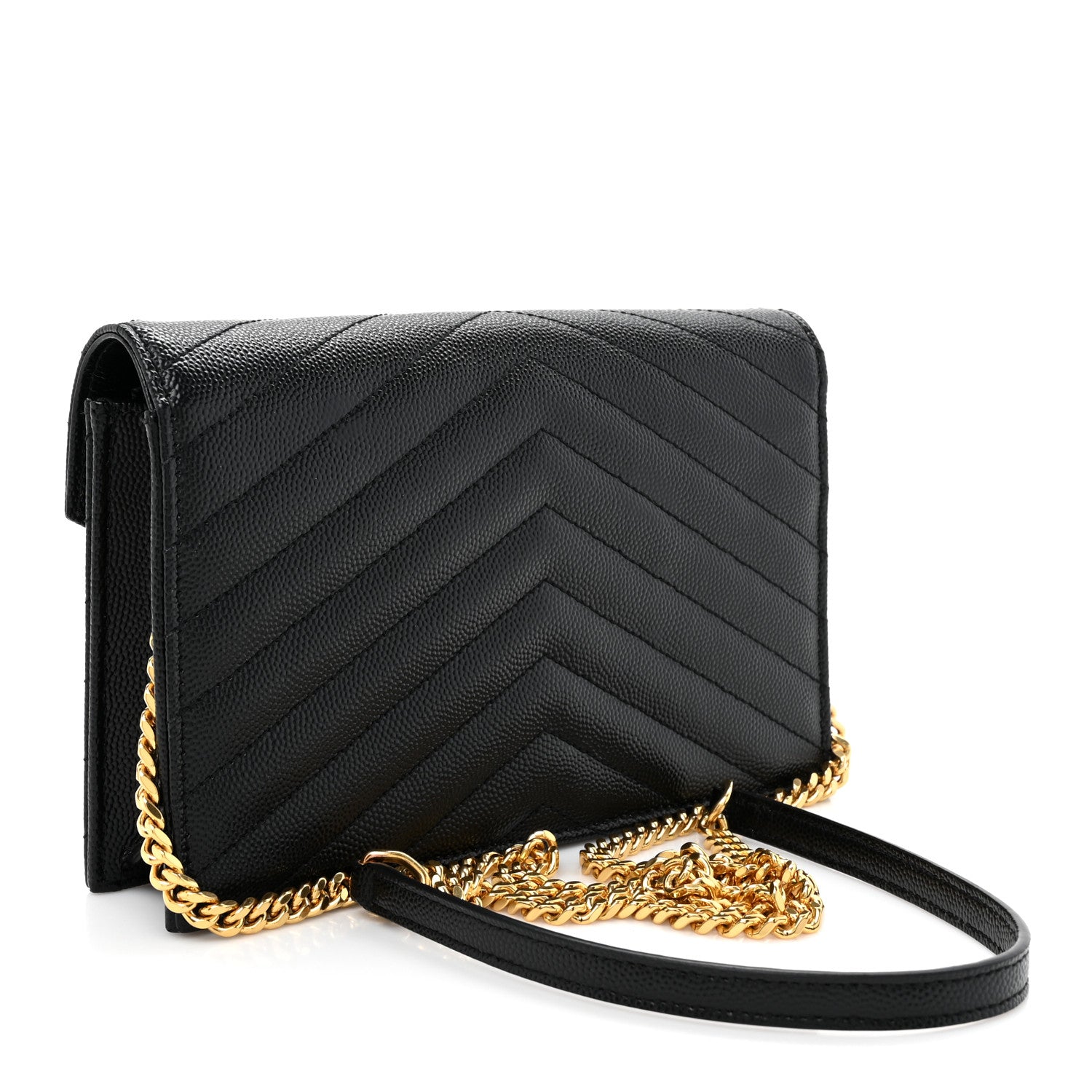 Saint Laurent Grain De Poudre Matelasse Chevron Monogram Envelope Chain Wallet Black 3 of 11