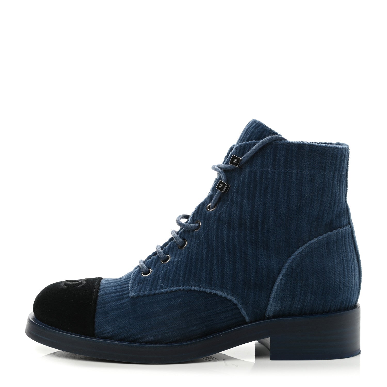 Chanel Velvet CC Combat Boots 37 Blue Black 1 of 9
