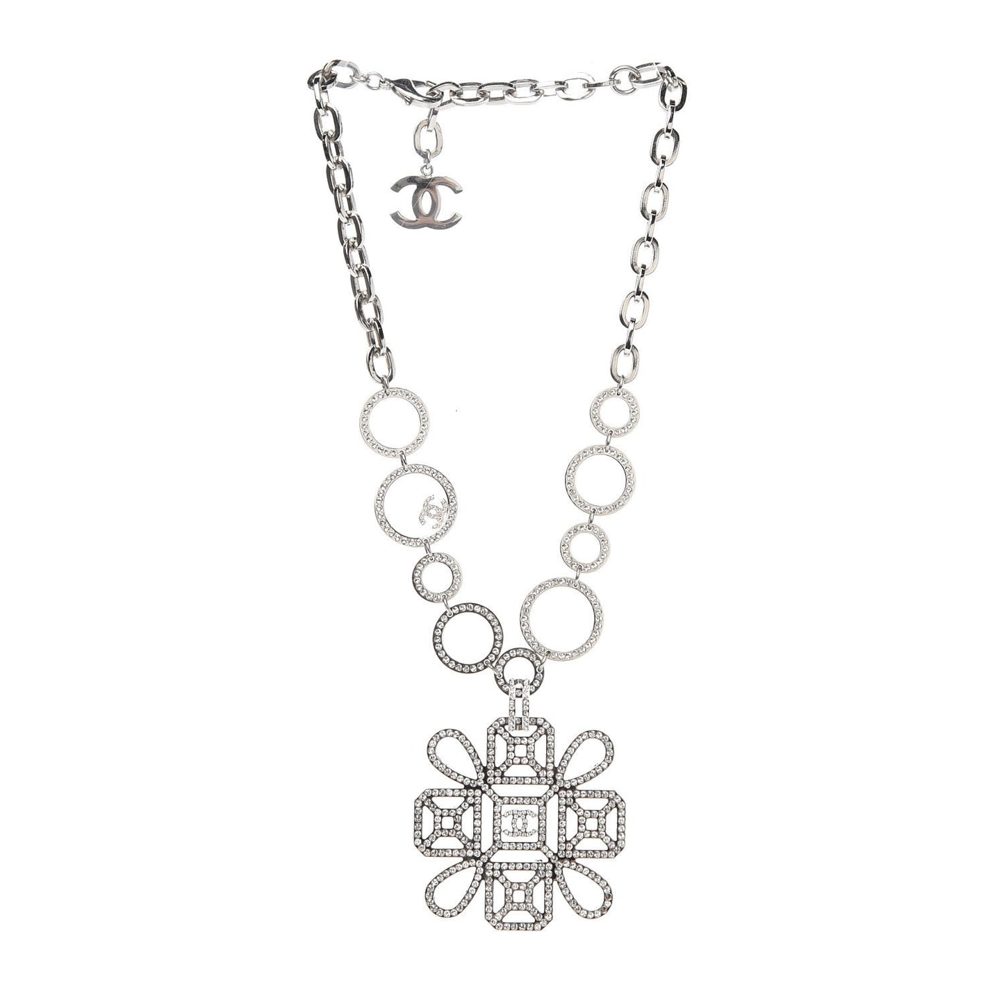 Crystal Strass Cross CC Necklace Silver