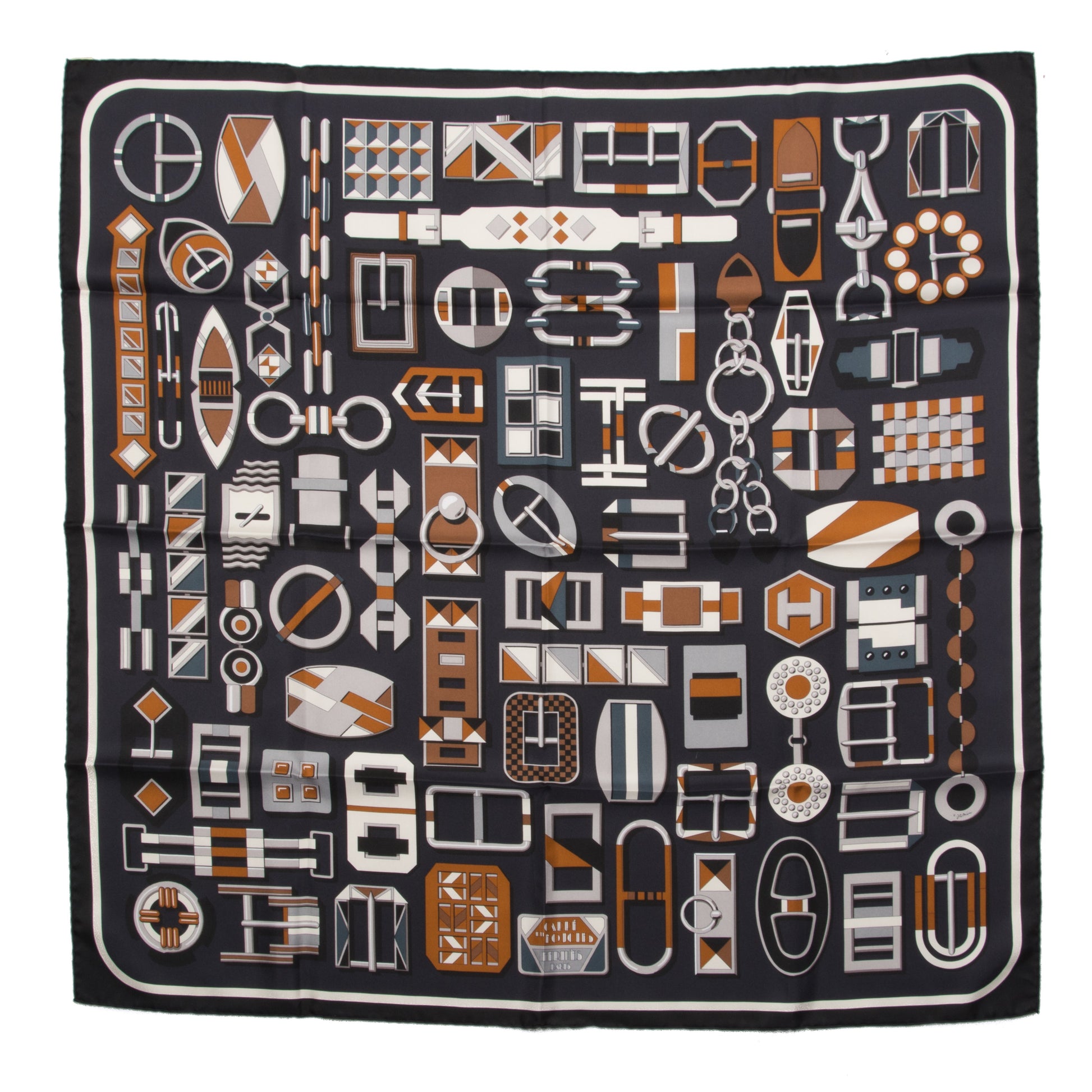 Hermes Silk Carre En Boucles Scarf 90 Black Gris Caramel 1 of 7