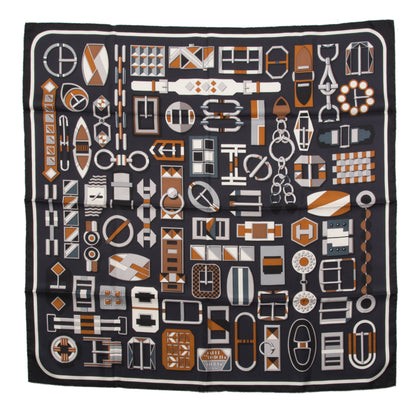 Hermes Silk Carre En Boucles Scarf 90 Black Gris Caramel 1 of 7