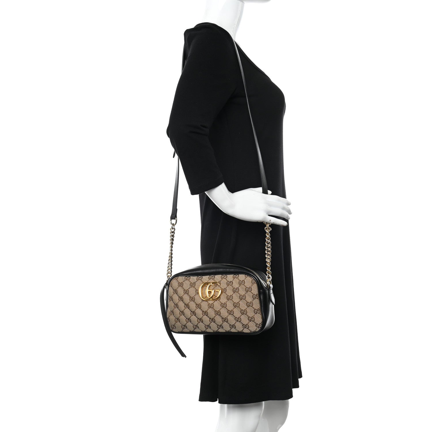 Gucci Monogram Matelasse Diagonal Small GG Marmont Chain Shoulder Bag Beige Black 2 of 14