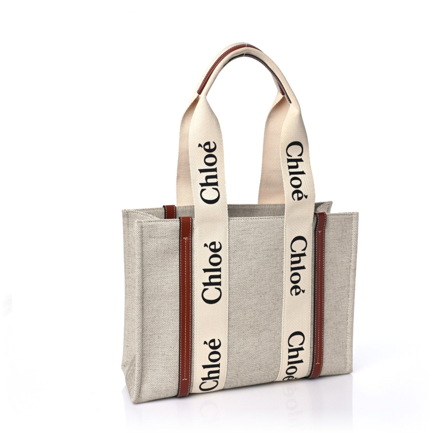 Chloe Cotton Calfskin Medium Woody Ribbon Tote White Brown 3 of 8