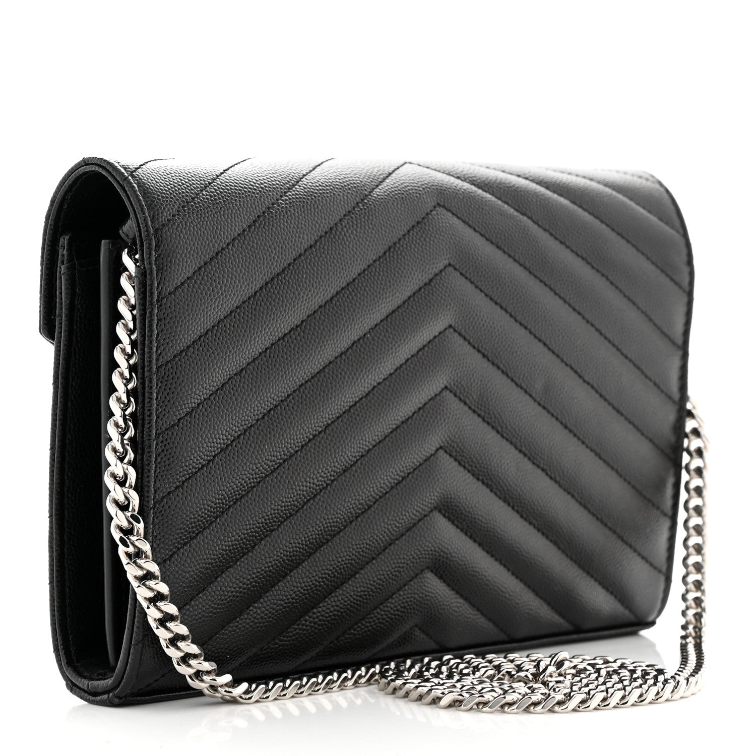 Saint Laurent Grain De Poudre Matelasse Chevron Monogram Chain Wallet Black 3 of 10