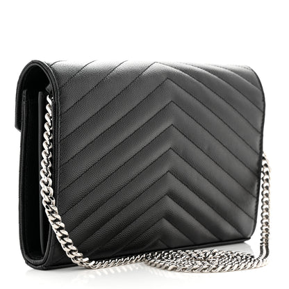 Saint Laurent Grain De Poudre Matelasse Chevron Monogram Chain Wallet Black 3 of 10