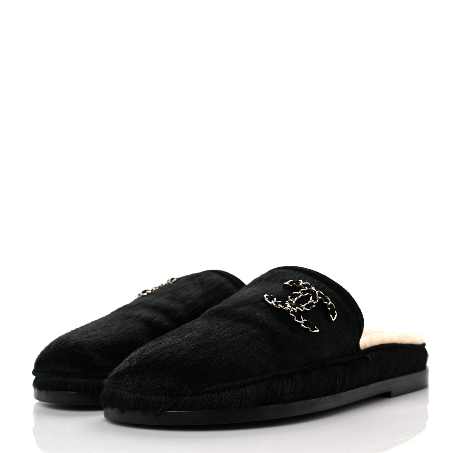 Calfskin Hair Suede Shearling CC Mules 38.5 Black Navy Blue