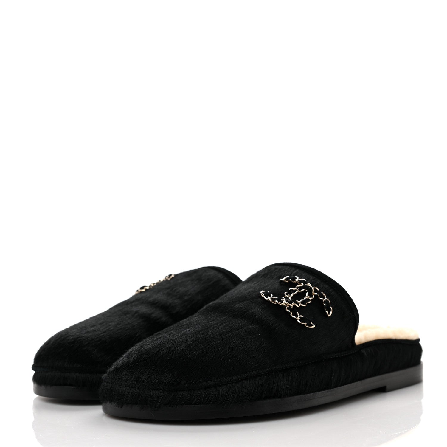 Chanel Calfskin Hair Suede Shearling CC Mules 38.5 Black Navy Blue 3 of 8