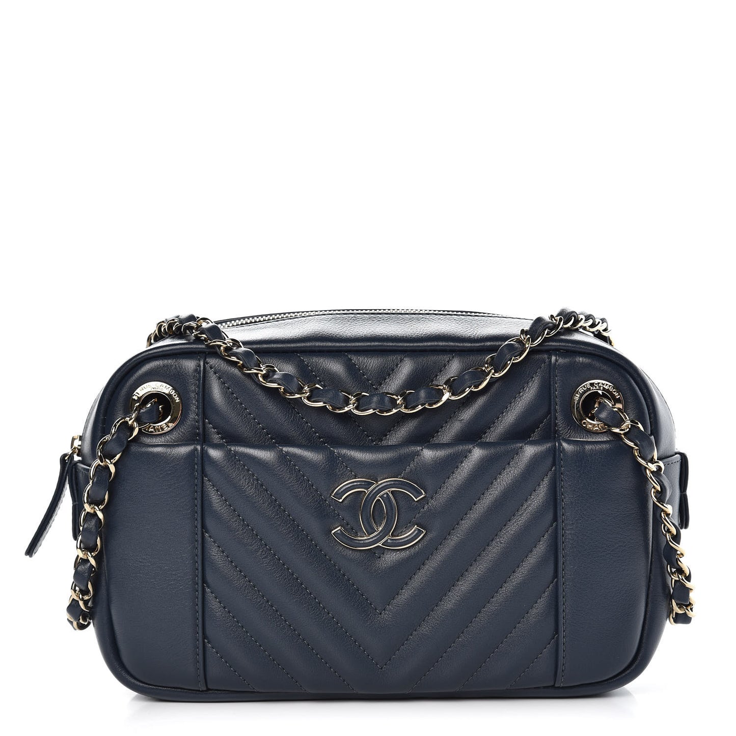 Calfskin Quilted Daily Chevron Camera Case Navy Blue