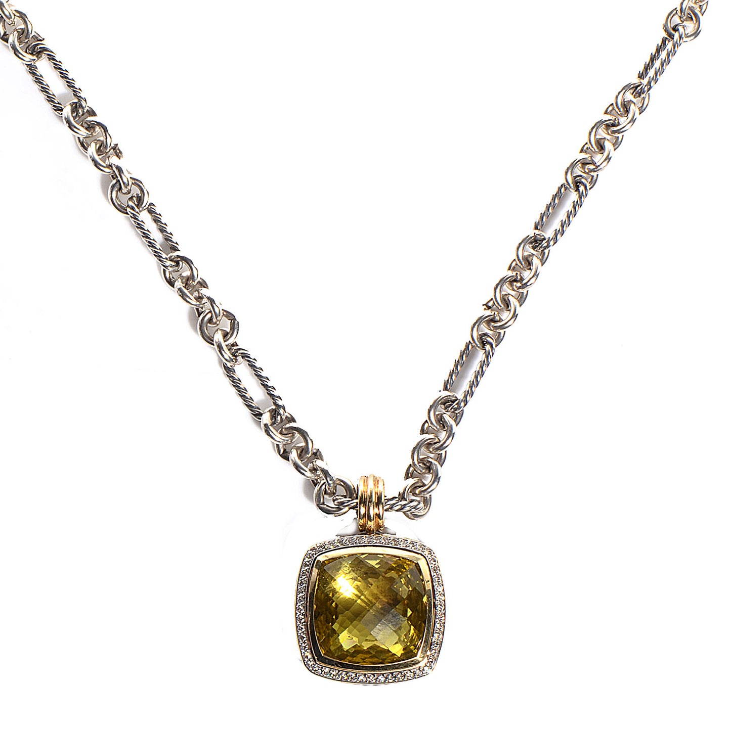Sterling Silver Figaro Necklace w Silver 18k Gold Diamond Peridot 20mm Albion Pendant