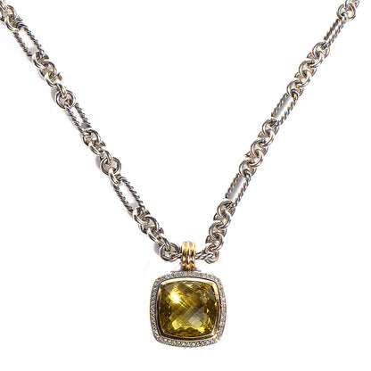 David Yurman Sterling Silver Figaro Necklace w Silver 18k Gold Diamond Peridot 20mm Albion Pendant 1 of 6