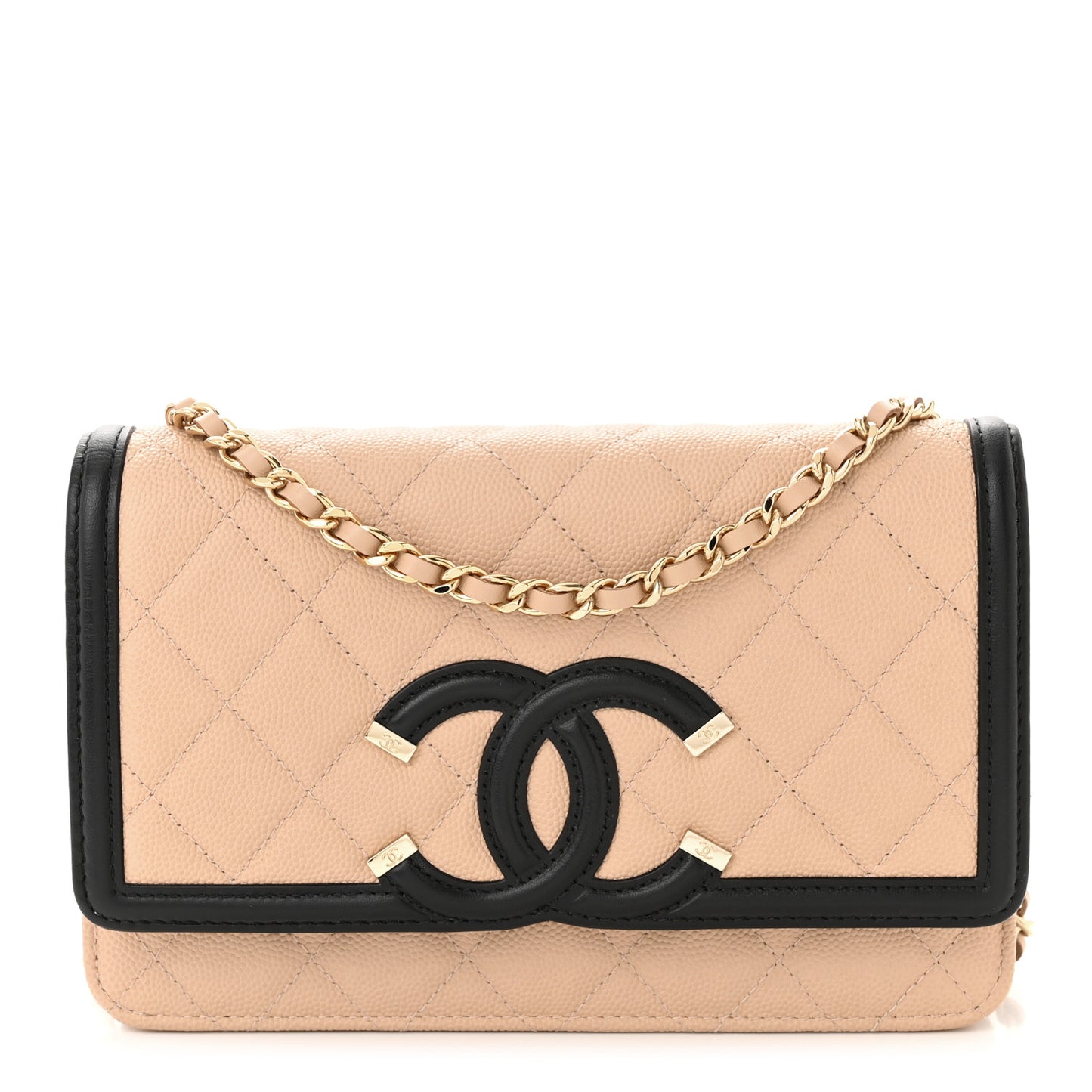 Caviar Quilted CC Filigree Wallet On Chain WOC Beige Black