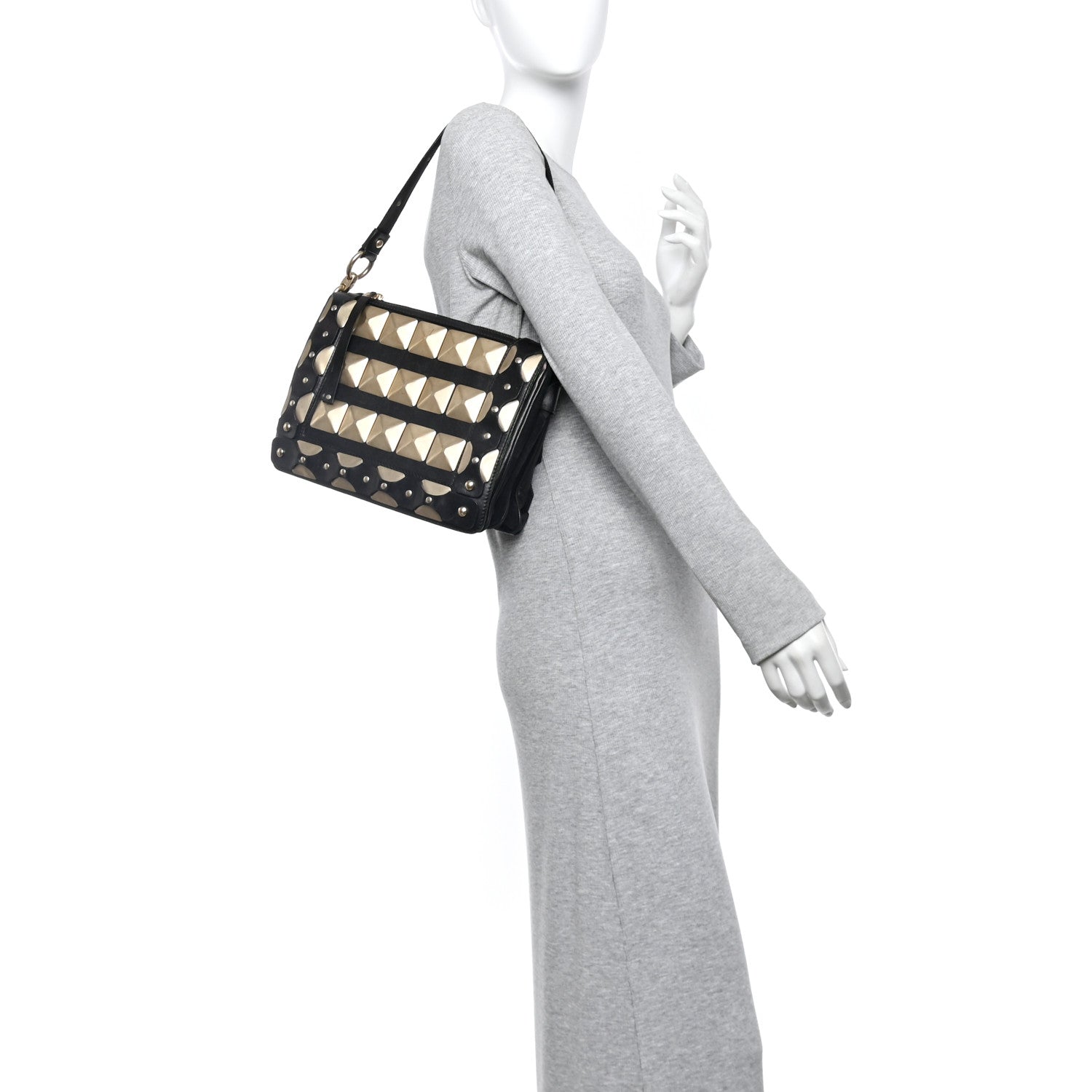 Versace Calfskin Suede Studded Shoulder Bag Black Gold 2 of 12