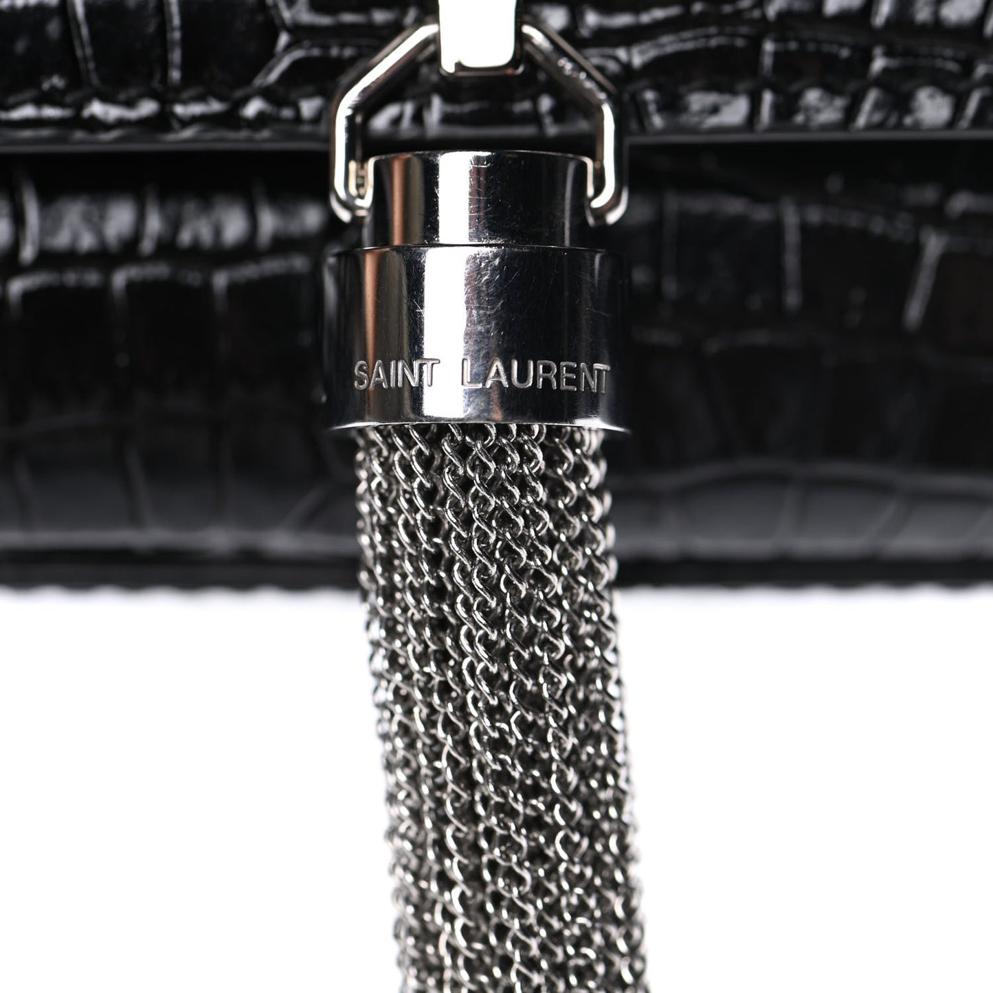 Calfskin Crocodile Embossed Small Classic Monogram Kate Tassel Satchel Black