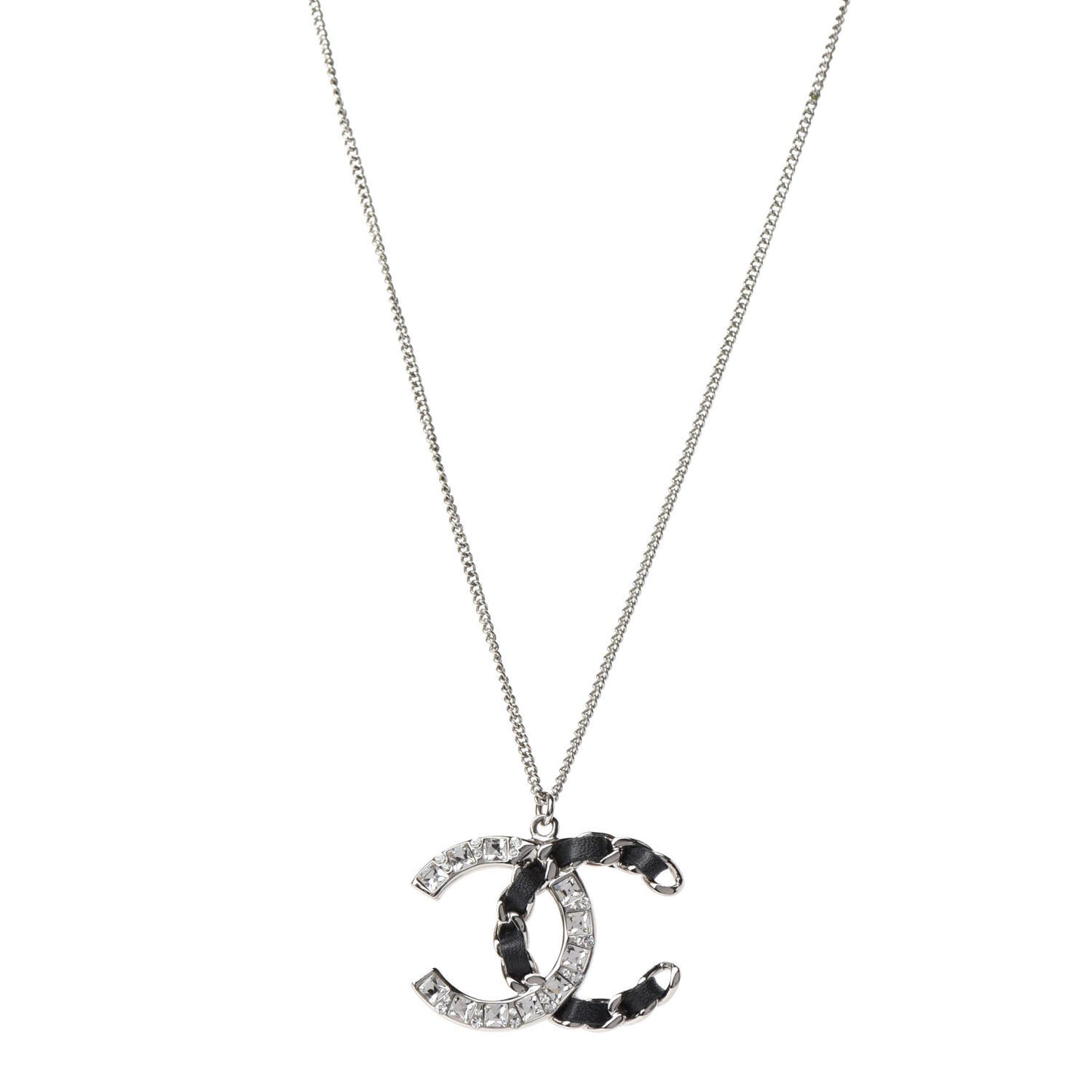 Lambskin Baguette Crystal CC Necklace Black Silver