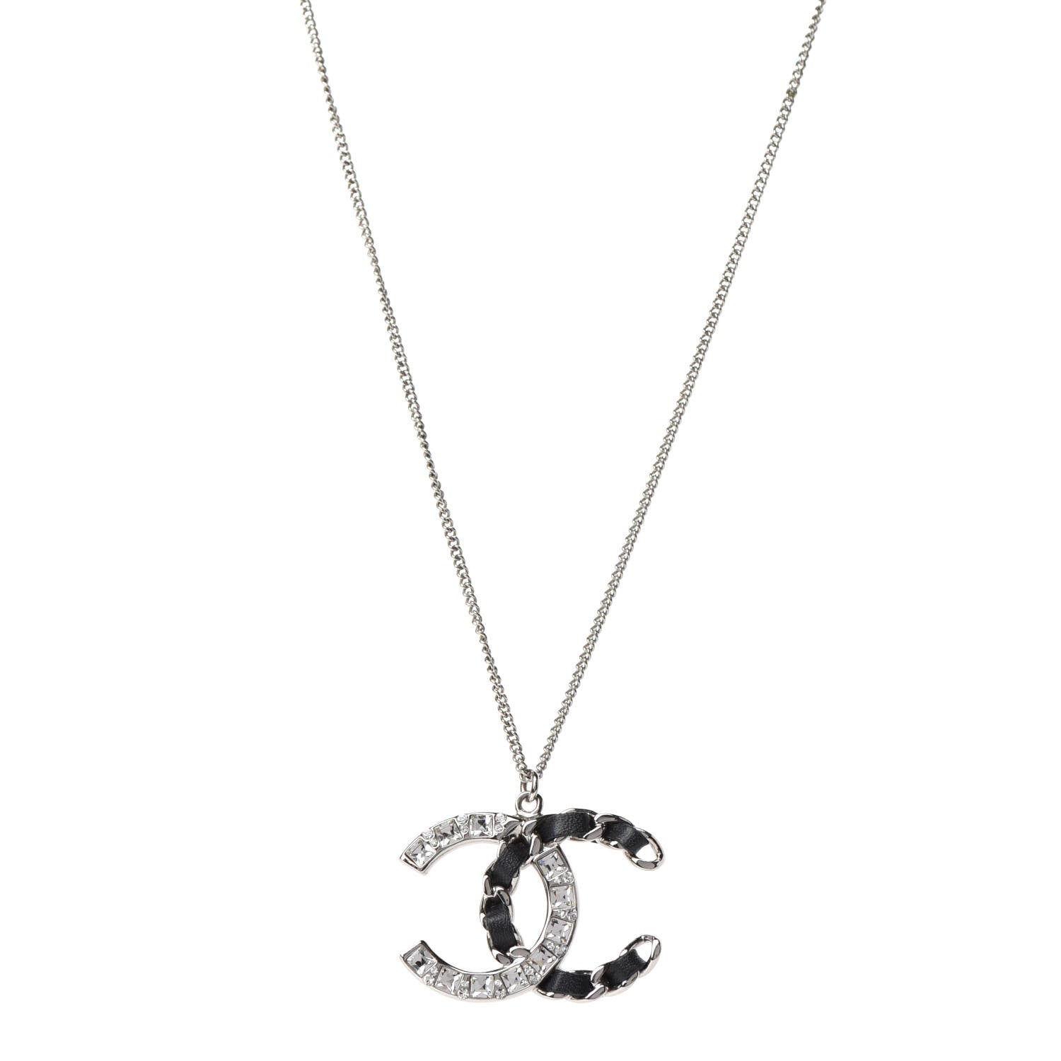 Chanel Lambskin Baguette Crystal CC Necklace Black Silver 1 of 6
