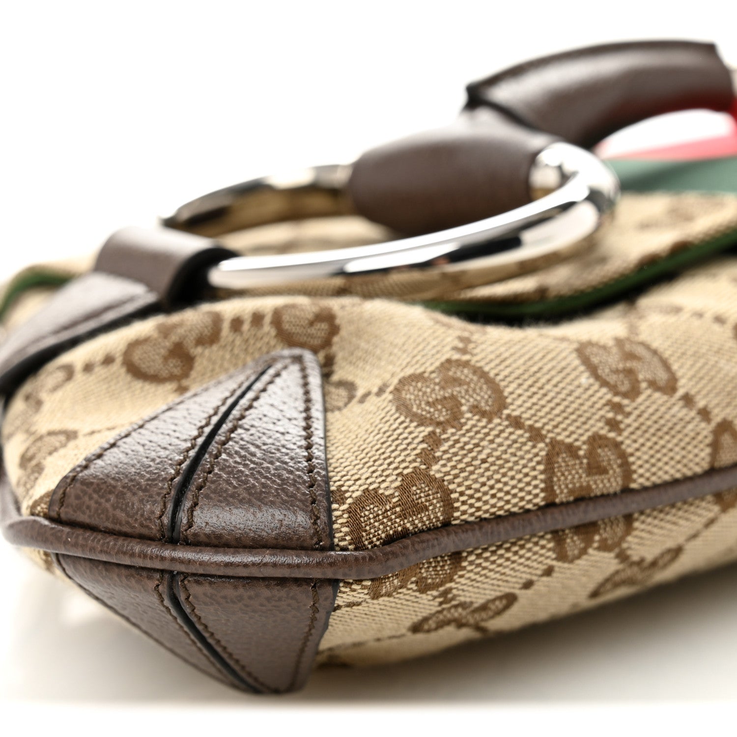 Gucci Monogram Textured Dollar Calfskin Heavy Grosgrain Web Medium Maxi Horsebit Chain Shoulder Bag Beige Ebony New Acero 8 of 9