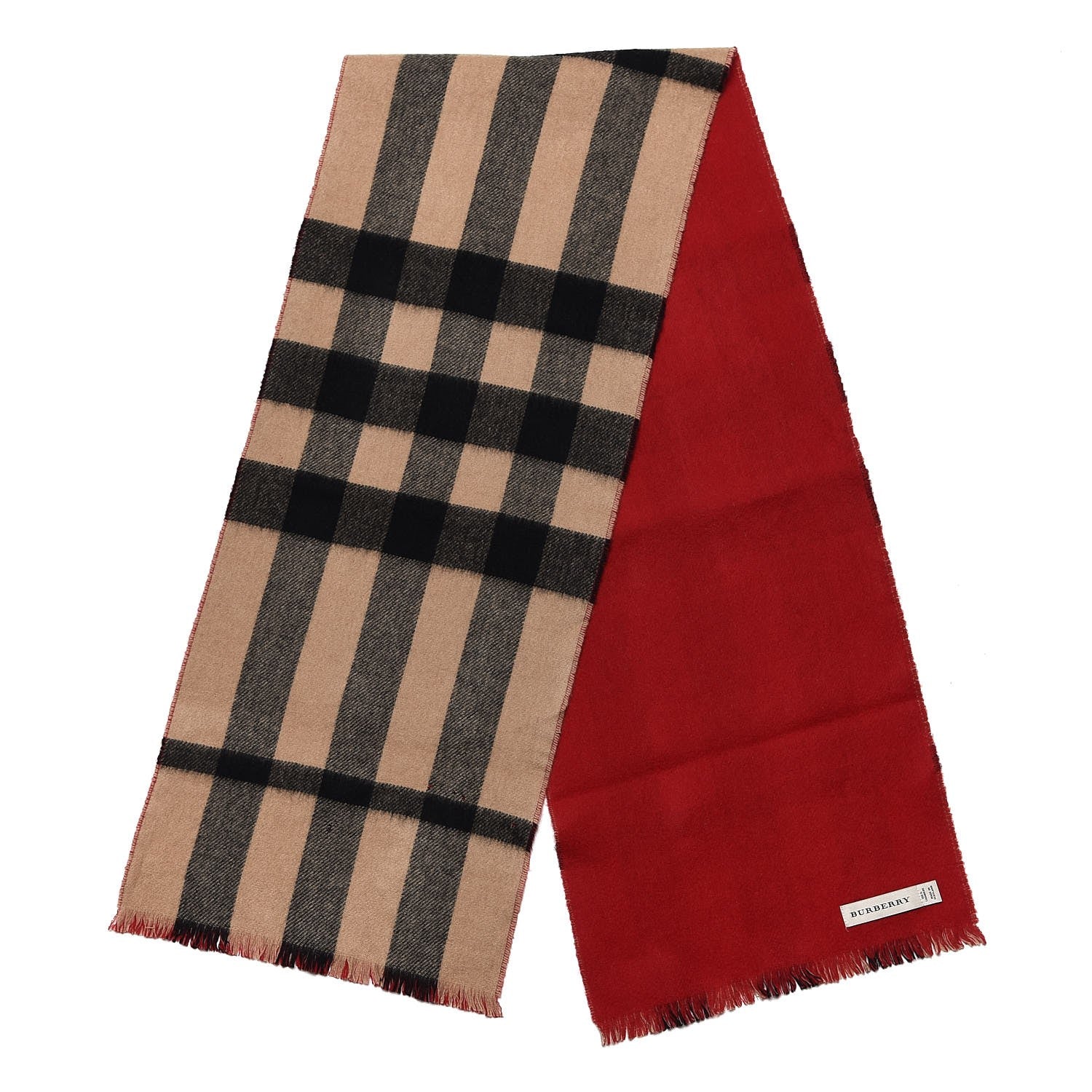 Burberry Cashmere Reversible Giant Check Block Fringe Scarf Camel Red 3 of 5