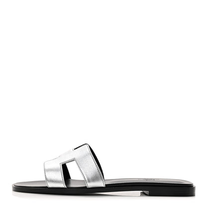 Hermes Metallic Chevre Oran Sandals 38.5 Gris Argente 1 of 9