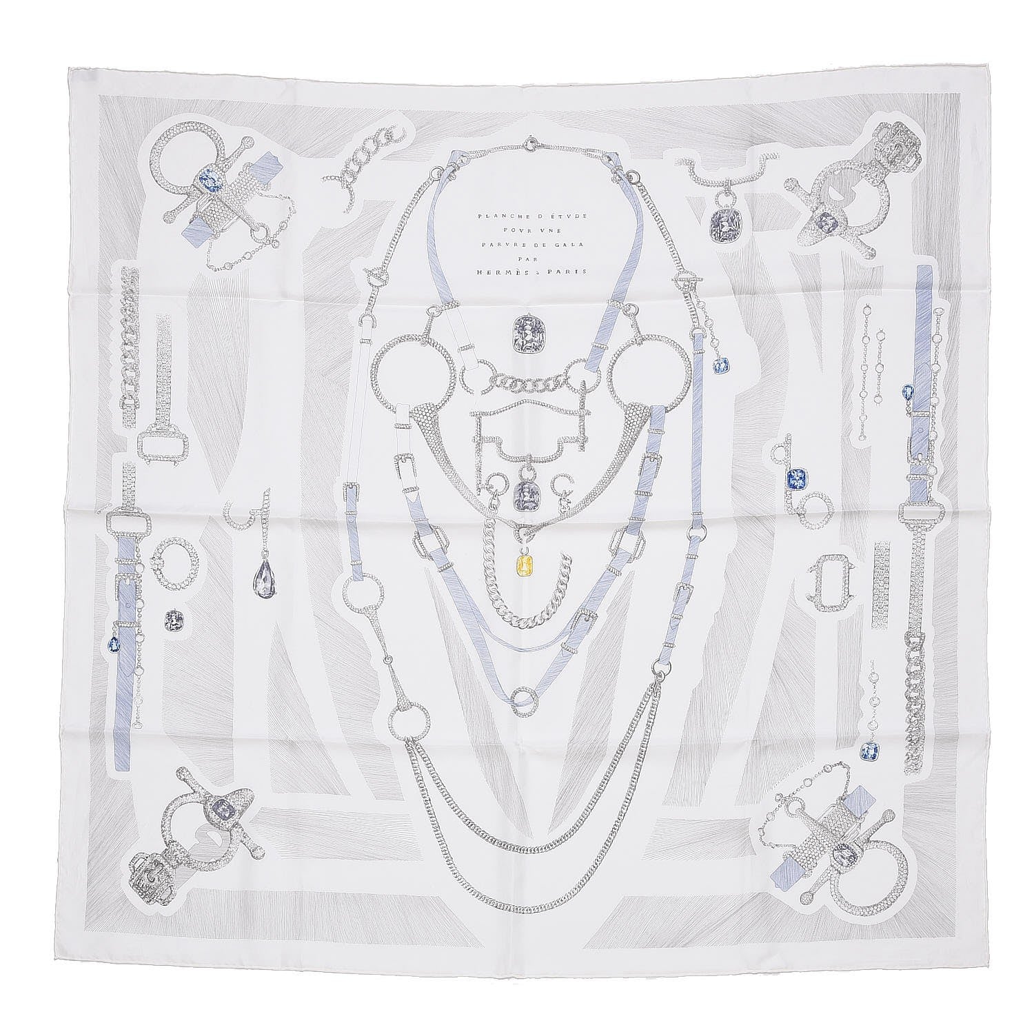 Hermes Silk Etude Pour Une Parure De Gala Scarf 90 White Gris Vert 1 of 6