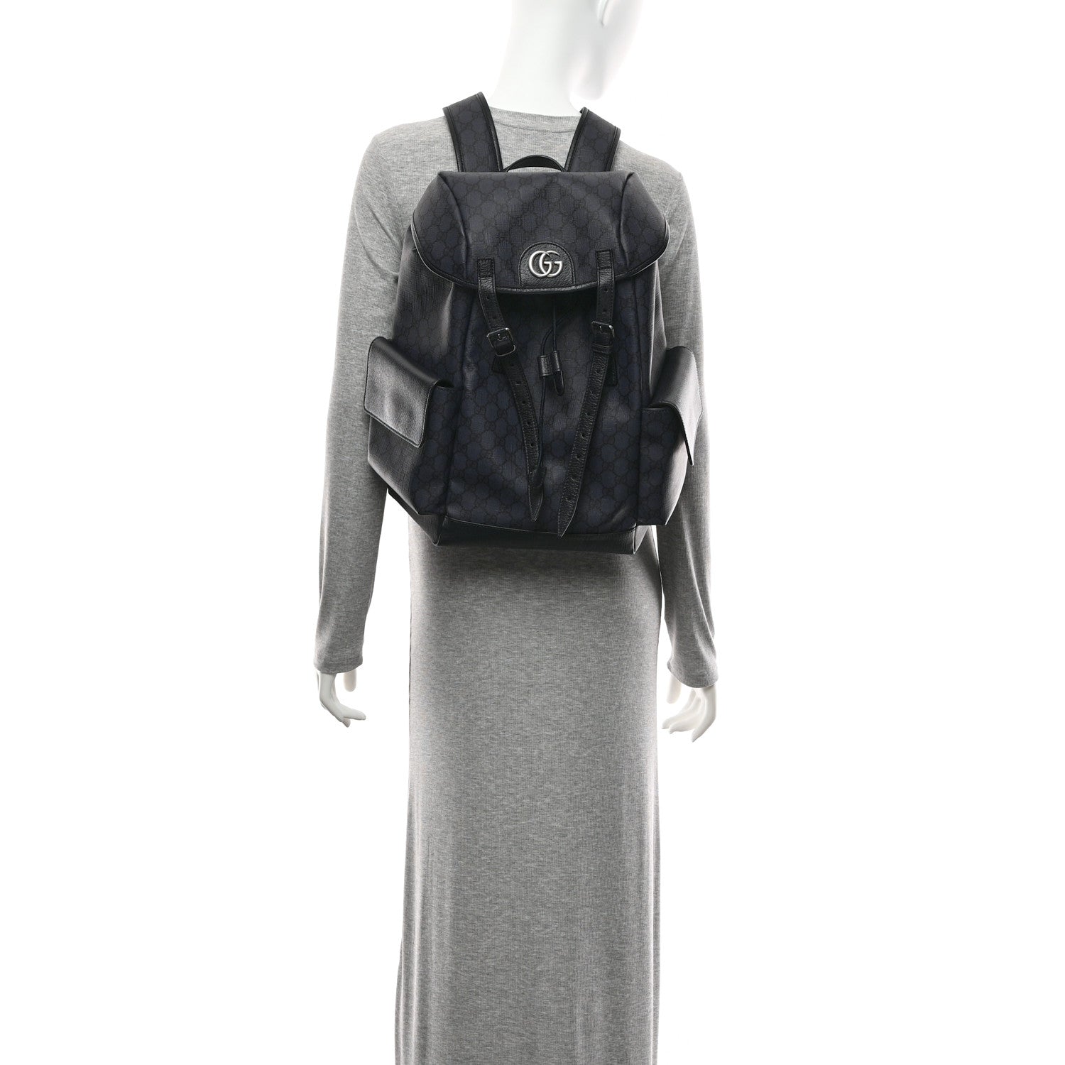 Gucci GG Supreme Monogram Textured Dollar Calfskin Medium Ophidia Double Buckle Backpack Blue Dark Blue Black 2 of 10
